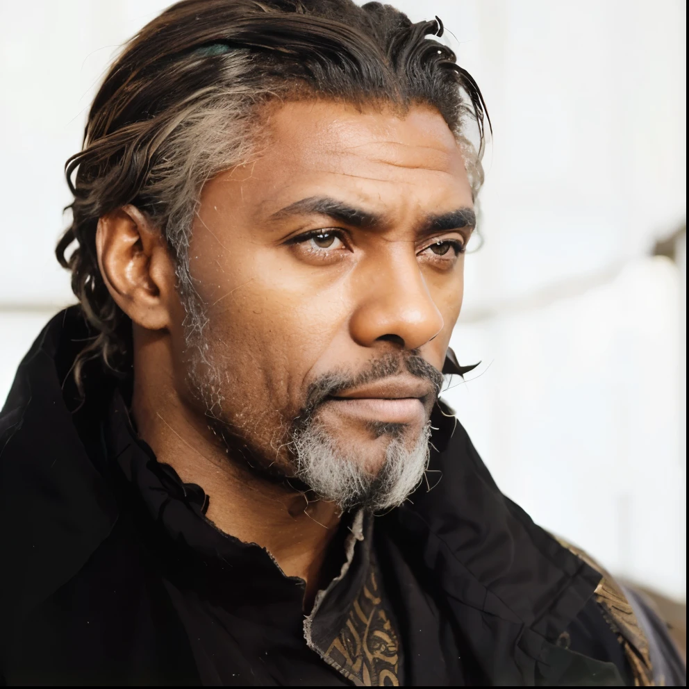((older black male)), idris elba, Solomon Reed, Barrett Wallace, (white pepper hair), full beard, green eyes, stoic expression, (realistic), ((dark skin)), ((african american skin colour))