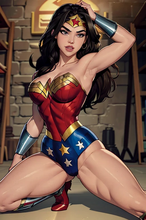 Natural Beauty, Masterpiece, Hailee Steinfeld, Perfectly Accurate Face Proportion, Thick Eyebrows, Wonder Woman, Wonder Woman Tiara, Big Breast, Curve Wide Hips, Toned Thighs, Toned Arms, Grin On Her Face, Action Ready with Emphasized Figure: In a slightly crouched position, the tight suit showcases Wonder Woman’s athletic build. The fabric stretches seamlessly over her muscular back and legs, highlighting the toned shape of her body. Her stance emphasizes the tight fit, drawing attention to the definition of her form.