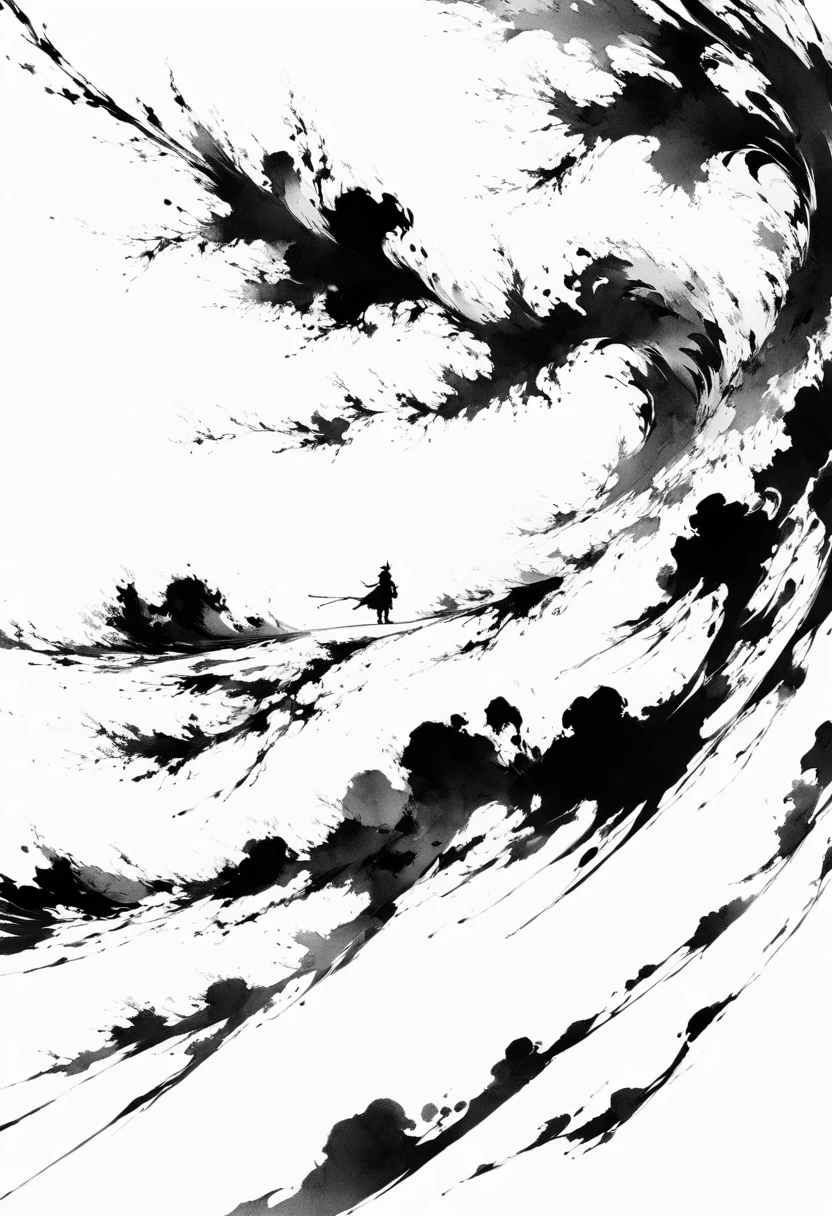 (Lots of white space:1.5),(Lots of white space around:1.6), White background, simple, Minimalism, abstract,Freehand,Aesthetic,black and white,Ink Painting,antiquity,A person far away