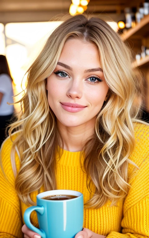 jolie belle blonde portant un pull jaune (Drinking coffee in a modern cafe at sunset), very detailed, 21 ans, visage innocent, natural wavy hair, yeux bleus, high resolution, chef-d'artwork, Best quality,Intricate details, very detailed,Sharpness, detailed skin,Realistic skin texture,texture, detailed eyes, professionnel, 4k, sourire charmeur, shot with Canon, 85mm,faible profondeur de champ,Kodak Vision Couleur, corps parfaitement ajusté, Extremely detailed, photo_\(ultra\), photoRealistic, Realistic, Post-traitement, maximum detail, roughness, vrai vie, ultra Realistic, photorealism, la photographie, 8K UHD, la photographie