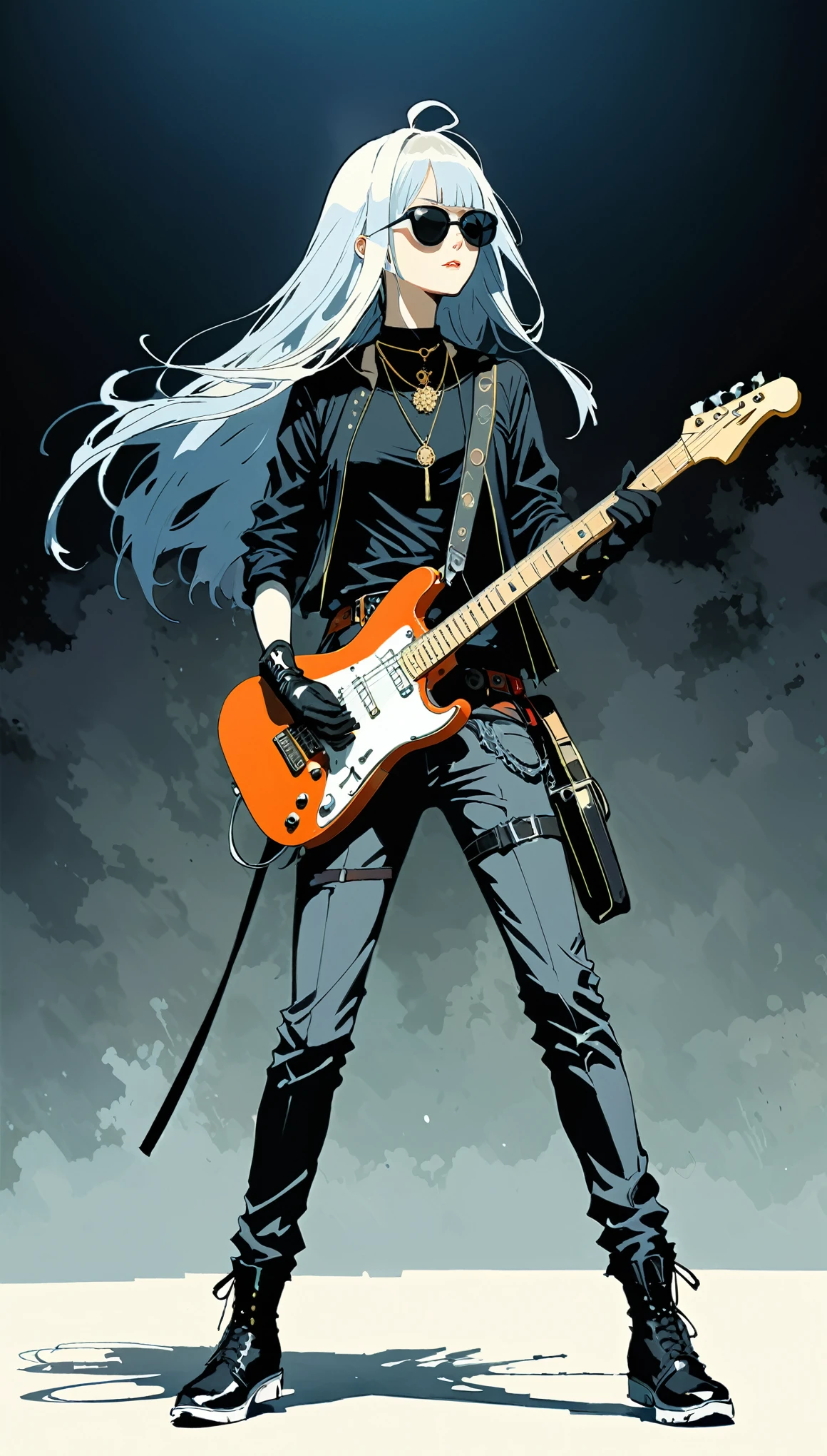 in style of Harry Clarke,(in style of Ashley Wood:1.4),
1 goth girl,(弹Guitar动作，Dynamic Action:1.4),Guitar,InstrumentBREAK bleach sytle,long_hair,partially colored,,Pants,belt,Keep,Wearing glasses on head,sunglasses,shoe,Keep 乐器,electric Guitar,shirt,peak,Tinted glasses,whole body,Necklace,black gloves,looking at the audience,collar,运动shoe,very long hair,white hair,black shirt,白色shoe類,Jewelry,Gray hair,permanent,black Necklace,Shut up,trumpet,