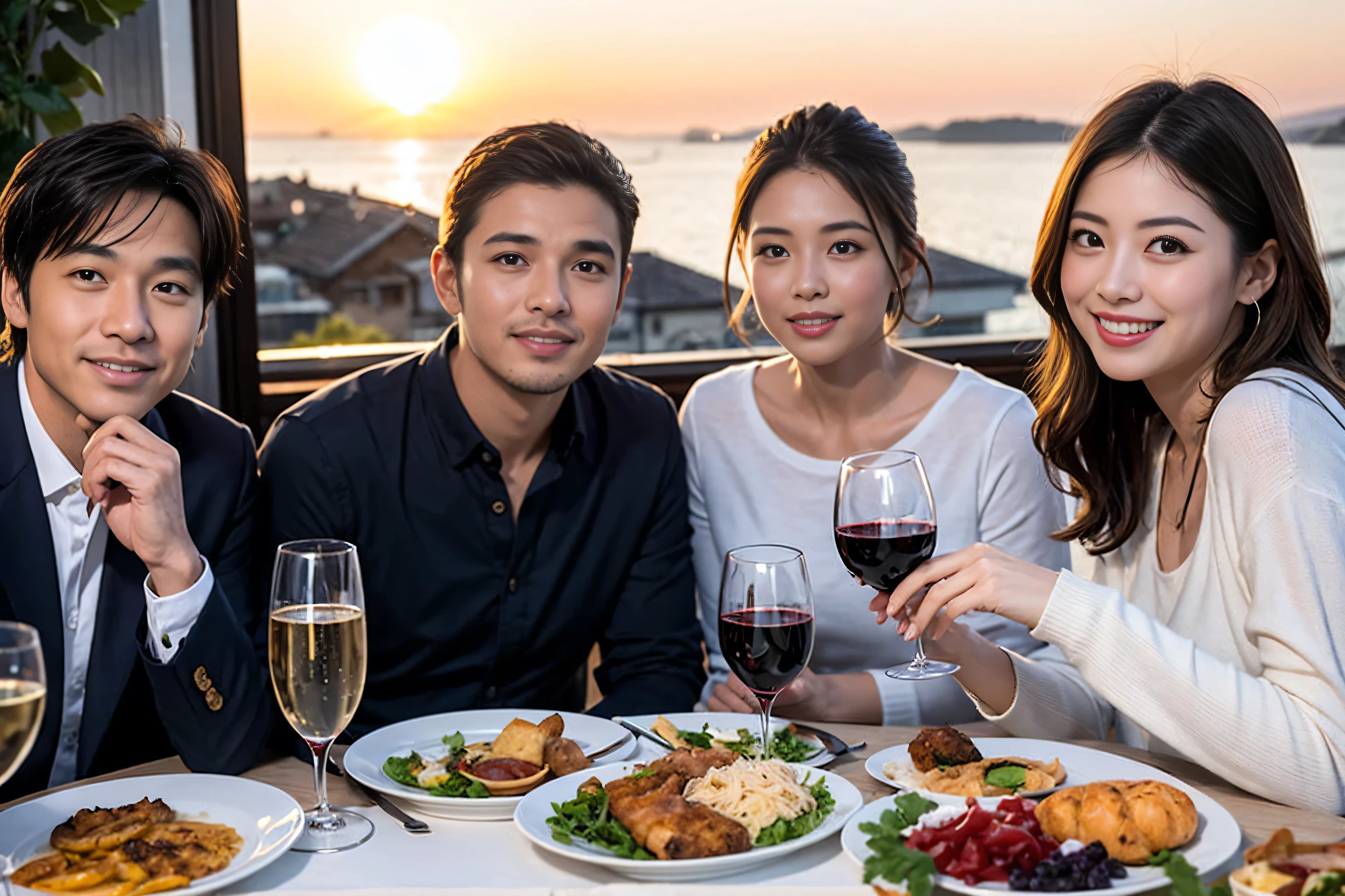 ((highest quality、8k、masterpiece:1.3))、1 male 1 female、A lover who resembles Satomi Ishihara、Beautiful couple、smile、full-course dinner、 (Slim face), (the body is スリム), (Brown Hair), (Short Hair), Wine glass on the table、Please shine a light on my face、 Amazing view of the sunset sky and clouds、 (Age 37), 39 years old, red wine 、Appetizers、Italian food、Wine bottle、Champagne、sparkling wine、Long sleeve shirt、dress、White wine, red wine, wine glass, 