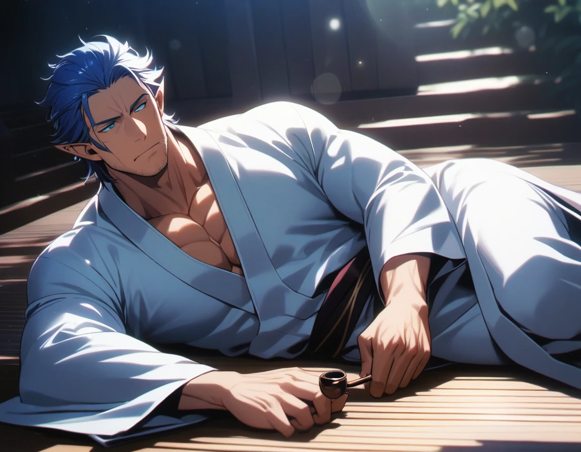 1man, mature elf, 40yo, blue short hair, forehead, masculine handsome mature, tanned skin, stubble, tough gentleman, flaped backhair, ear cuff, blue eyes, male high ratio body proportions, beautiful detailed eyes, smart muscular, BREAK solo, fullbody, yukata, lying, on side, japanese smoking pipe, sexy emotion, in washitsu, detailed background, wideshot, cinematic colored, caustics, textile shading, lens flare, light leaks, 2010s, in isekai style, elegant quality, extreme all detailed, sharp vision, masterpiece, best quality