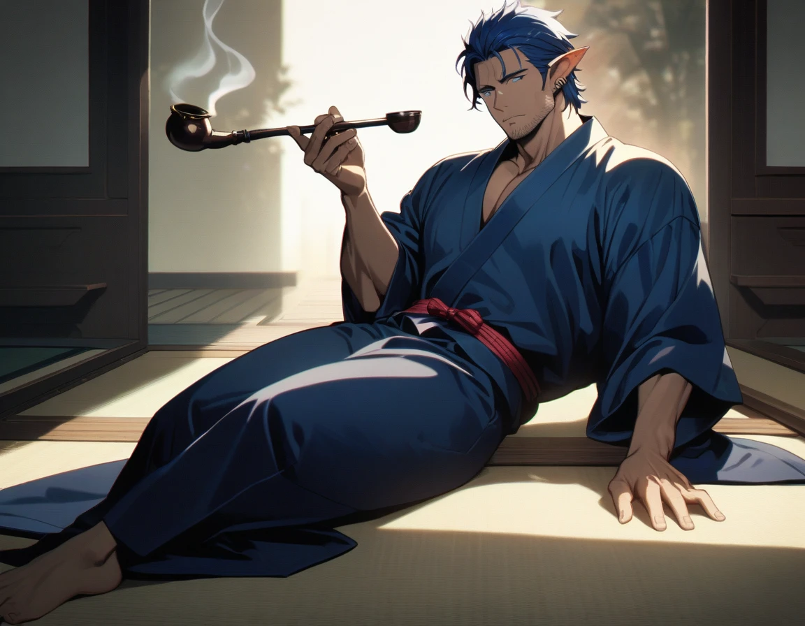 1man, mature elf, 40yo, blue short hair, forehead, masculine handsome mature, tanned skin, stubble, tough gentleman, flaped backhair, ear cuff, blue eyes, male high ratio body proportions, beautiful detailed eyes,  smart muscular, BREAK solo, fullbody, yukata, lying, on side, japanese smoking pipe, sexy emotion, in washitsu, detailed background, wideshot, cinematic colored, caustics, textile shading, lens flare, light leaks, 2010s, in isekai style, elegant quality, extreme all detailed, sharp vision, masterpiece, best quality