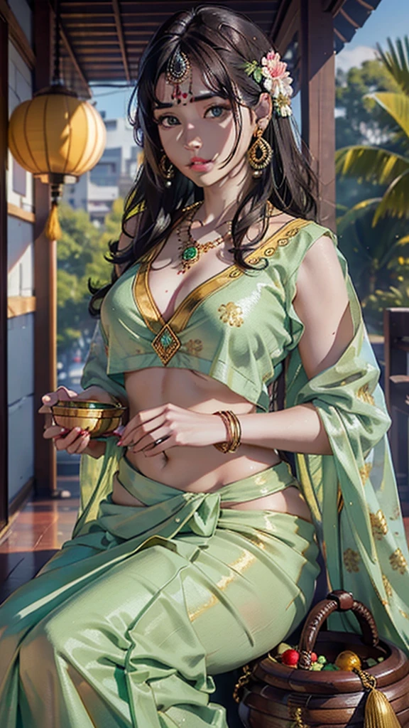 wear green designer printed Saree and blouse, a bindi on the center of the forehead, green saree and green blouse, full body covered in clothes, Indian temples in background, flower basket, very well dressed, going to temple for prayers, golden heavy jewellery, very beautiful 25 year old indian girl, full body photo, mehendi in hands, random hair style, holding Puja plate with Puja items for lord Shiva, lord Shiva temple in background, jewelry, gem, necklace, necklace set, tika, vermilion, nathiya, ear rings, mangalsutra, golden haar, gold bracelet, anklets, thick lips, holding flower basket for Puja in hand, skindentation, parted lips, full body photo from front, beautiful face, beautiful body, (detailed eyes), ulzzang-6500-v1.1, thick eyelashes, long eyelashes, random hair style, broad light, backlighting, bloom, light sparkles, chromatic aberration, sharp focus, Nikon Z 85mm, unparalleled masterpiece, ultra-realistic 8k photos, best quality masterpiece, best quality, (photorealistic:1.2), (realistic:1.5), (hyperrealistic:1.2),(photorealistic face:1.2)