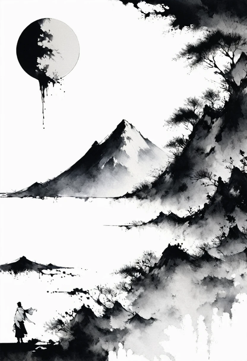 (Lots of white space:1.5)，(Lots of white space around:1.6), White background, simple, Minimalism, abstract,Freehand，Aesthetic，black and white，Ink Painting，antiquity，A person far away，A distant mountain