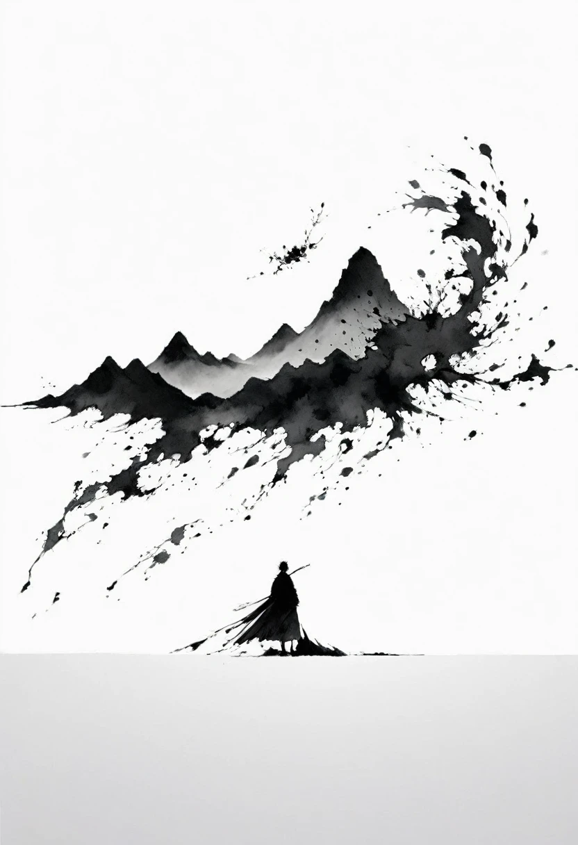 (Lots of white space:1.5),(Lots of white space around:1.6), White background, simple, Minimalism, abstract,Freehand,Aesthetic,black and white,Ink Painting,antiquity,A person far away,A distant mountain