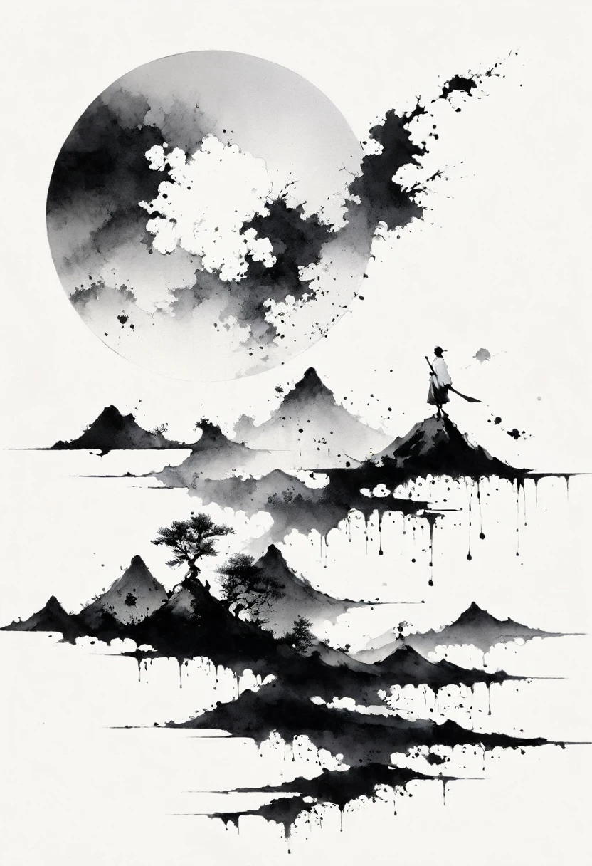 (Lots of white space:1.5),(Lots of white space around:1.6), White background, simple, Minimalism, abstract,Freehand,Aesthetic,black and white,Ink Painting,antiquity,A person far away,A distant mountain