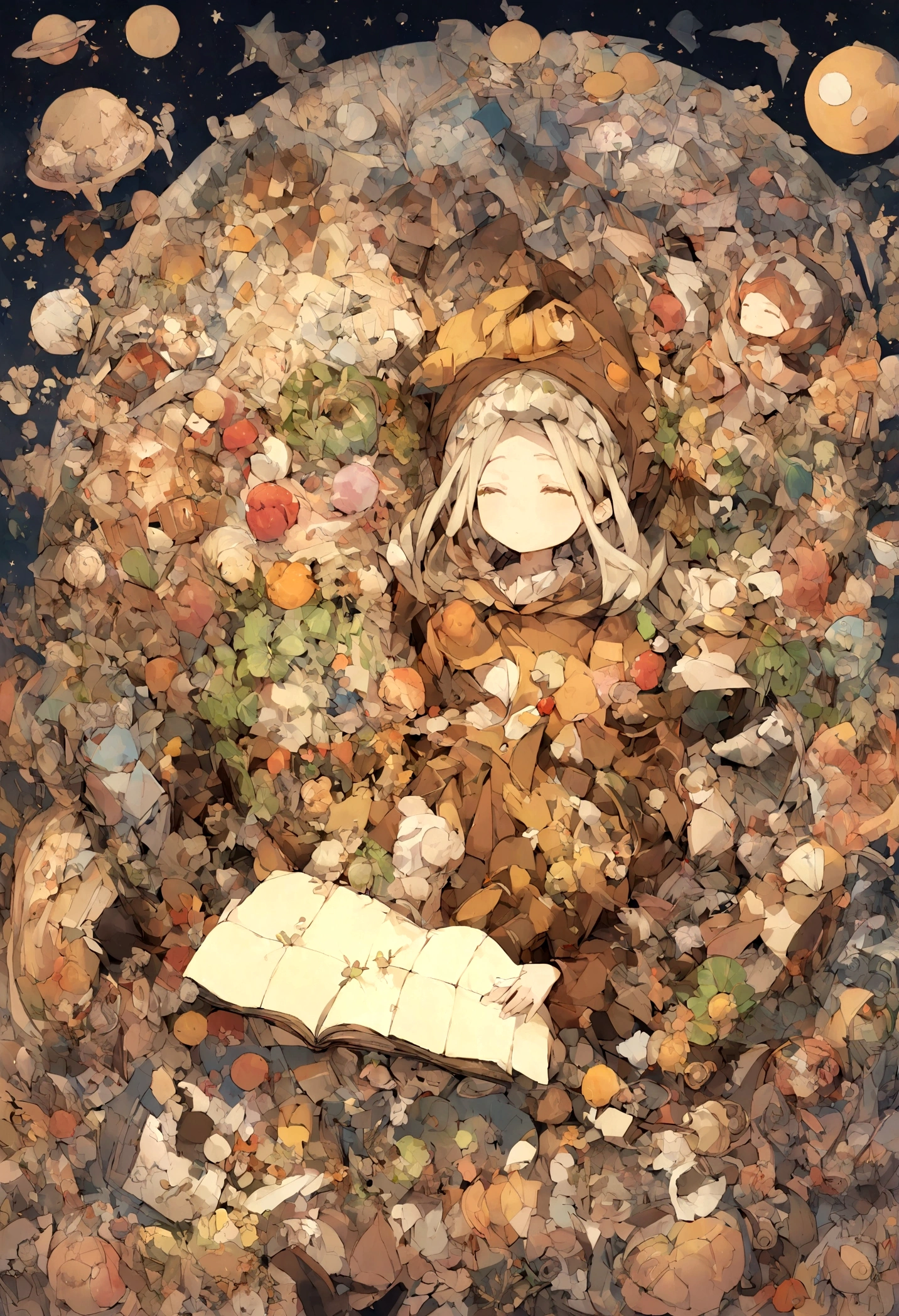 A ager dressed in an explorer's costume flies through the sky,Surrounded by laptops and various ingredients,These long faces are like floating milky ways,Various ingredients surround it。The teen holds the map,An illustration that is about to solve various puzzles related to noodle dishes。