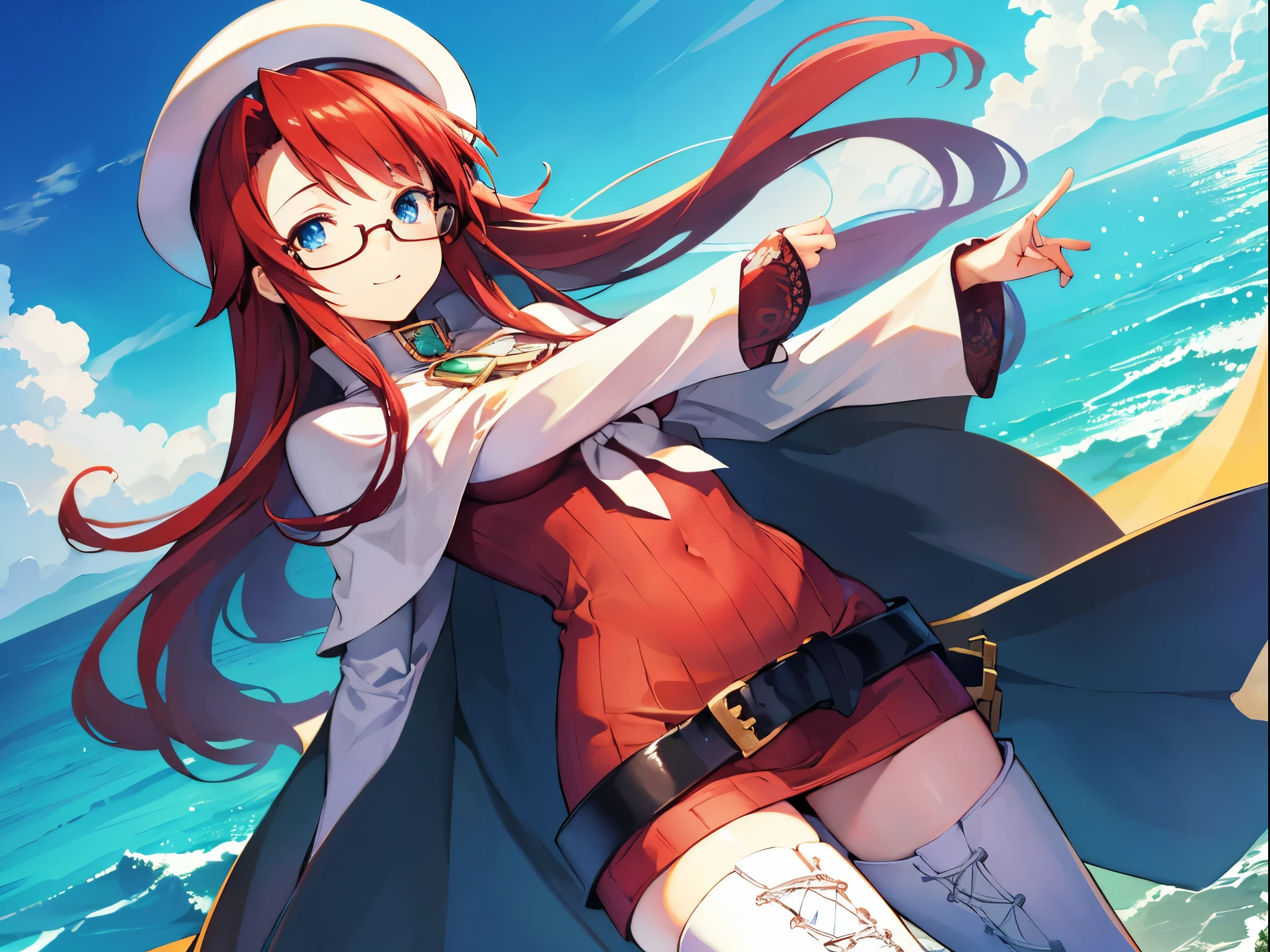 summonnightaty, aty, (young:1.3),long hair, blue eyes, red hair, big_tits, hat, glasses,
BREAK long hair, thighhighs, hat, dress, naked_legs, glasses, belt, cape, sweater, zettai ryouiki, beret, thigh boots, white footwear, ribbed sweater, loose belt,solo,
BREAK outdoors, fantasy,on_beach,
,Highquality_hads,perfect_fingers,
BREAK (masterpiece:1.2), best quality, high resolution, unity 8k wallpaper, (illustration:0.8), (beautiful detailed eyes:1.6), extremely detailed face, perfect lighting, extremely detailed CG, (perfect hands, perfect anatomy),covered_nipples,covered_navel ,half_eyes,long_sword,sleepy,red_sweater,apart_knees,magical_effect,spread_legs, have_a_book,teacher,rise_knee,Smile,rise_hand,look_down_viewer,spread_arms,sea​_waves,looking_into,blue_sky,plump,open_mouth, dynamic_posing