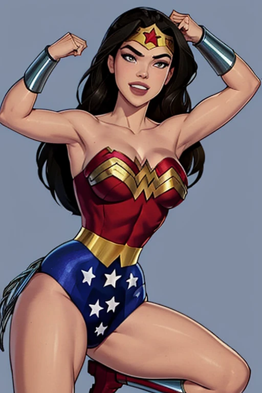 Natural Beauty, Masterpiece, Hailee Steinfeld, Perfectly Accurate Face Proportion, Thick Eyebrows, Wonder Woman, Wonder Woman Tiara, Big Breast, Curve Wide Hips, Toned Thighs, Toned Arms, Grin On Her Face, Action Ready with Emphasized Figure: In a slightly crouched position, the tight suit showcases Wonder Woman’s athletic build. The fabric stretches seamlessly over her muscular back and legs, highlighting the toned shape of her body. Her stance emphasizes the tight fit, drawing attention to the definition of her form.