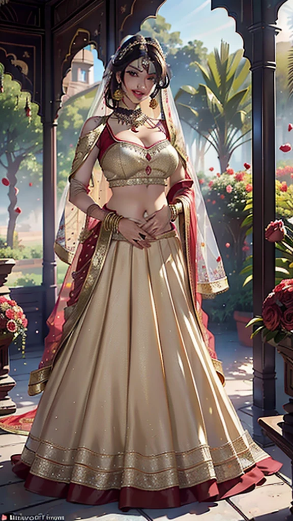 (masterpiece full length photography of a solo:1.2) alluring sexy tall curvy (18 yr old) Indian supermodel princess bride Ayesha Takia walking in (garden:1.3), (wearing stunning bridal red & gold lehenga & blouse:1.3). sheer dupatta, maximalism, (wedding flower decorations:1.3), (elegant cleavage & belly), (indian makeup & jewelry:1.2) long braided brown hair with highlights,, vivacious, lustful glance, exhilarated (beautiful detailed eyes:1.1) , (flirty bright smile:1.2), (intense dramatic afternoon light:1.4), backlit, key light, rim light, light rays, highly detailed, trending on artstation, paint splashes, rich color, abstract portrait, by Atey Ghailan