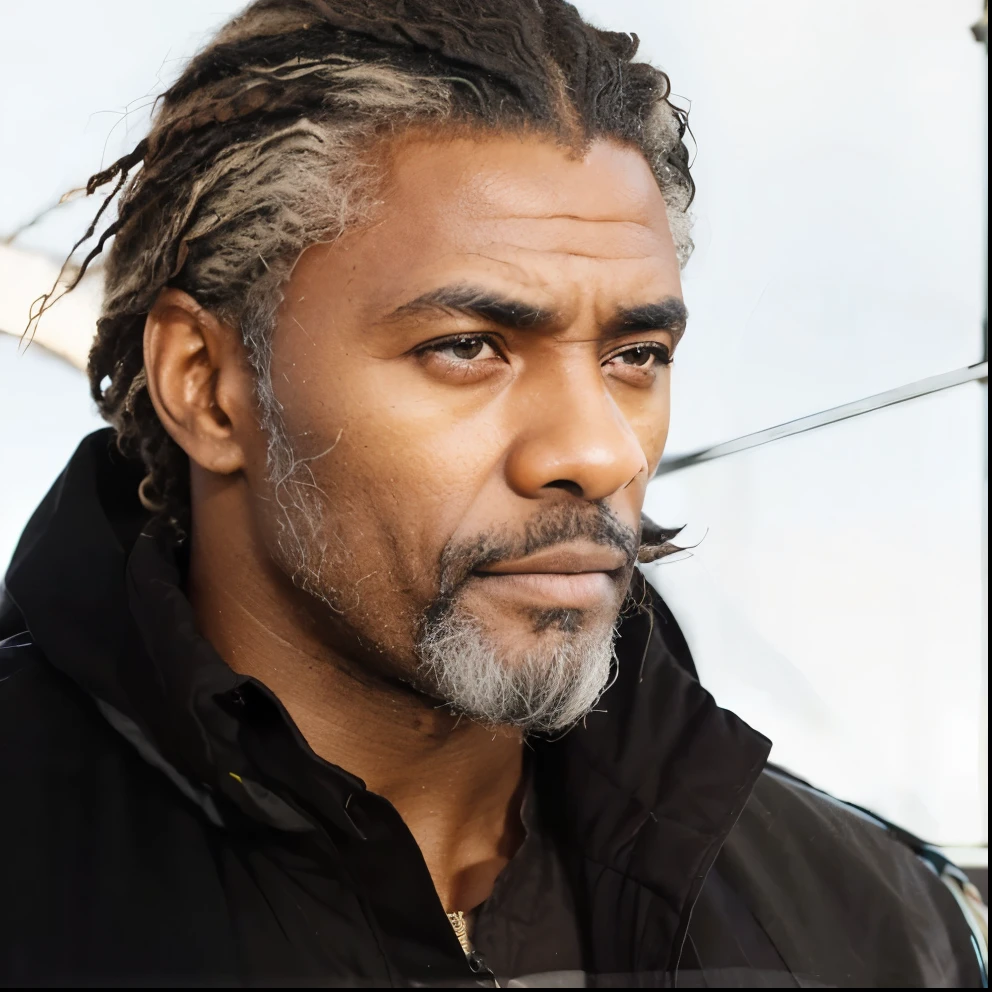 ((older black male)), idris elba, Solomon Reed, Barrett Wallace, (white pepper hair), full beard, green eyes, stoic expression, (realistic), ((dark skin)), (((african american skin colour)))