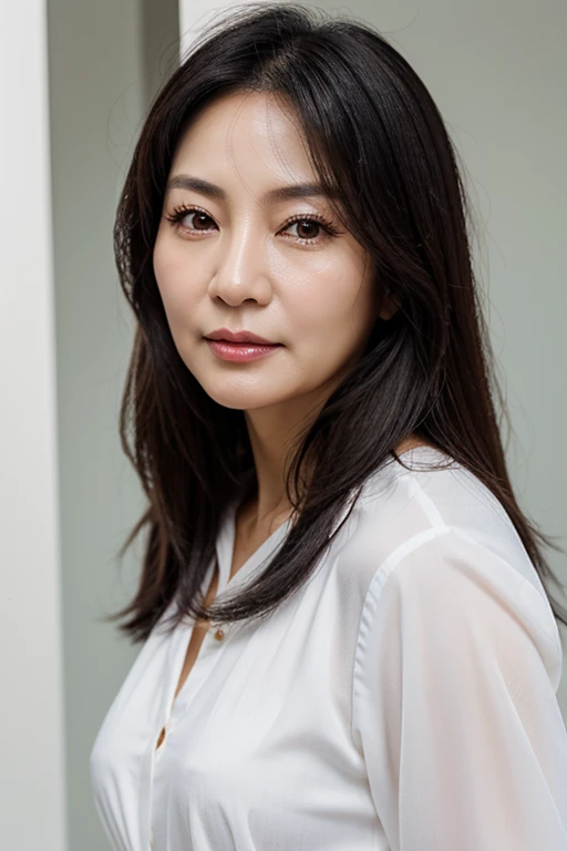 Black hair, brown eyes, white skin, fine facial features, 50 years old, Korean woman, detailed, reality.