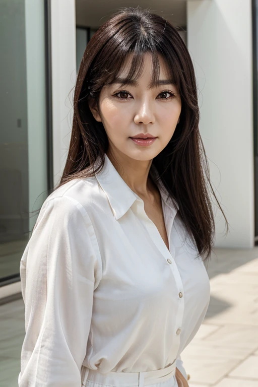 Black hair, brown eyes, white skin, fine facial features, 50 years old, Korean woman, detailed, reality.