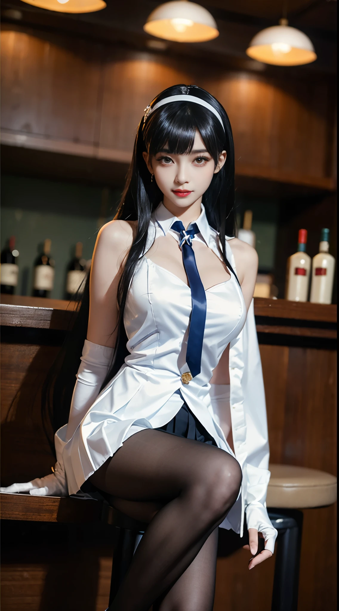 type 95, 1girl, type 95 \(girls' frontline\), solo,
shirt, cape,skirt,pleated skirt,gloves, necktie,ribbon, jacket, pantyhose,hairband,
long hair, hairband, black hair, bangs, blunt bangs, ((whole body)), ((from below)), ((Sitting)), ((sitting on a bar stool)), Clear face, Pretty Face, 8K, masterpiece, original photo, best quality, detail:1.2,lifelike, detail, Very detailed, CG, Unite, wallpaper, Depth of Field, Movie Lighting, lens flare, Ray tracing, (extremely beautiful face, Beautiful lips, beautiful eyes), Wheels within wheels, detail的脸, (Bare shoulders), ((ultra detailed skin)), 1 girl, in the darkness, Deep Shadows, Beautiful korean girl, Korean Idol,(Very slim figure:1.3), Full breasts, Large Breasts, Slender sexy legs, Very beautiful legs, Elegant Posture, (A big smile), (City night, (Neon), (night), Beautiful korean girl, White Diamond Earrings, diameter bracelet, Deya Necklace, Clear eyes, (big eyes)
