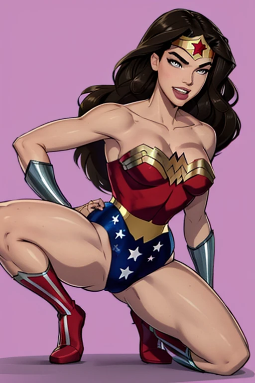 Natural Beauty, Masterpiece, Hailee Steinfeld, Perfectly Accurate Face Proportion, Thick Eyebrows, Wonder Woman, Wonder Woman Tiara, Big Breast, Curve Wide Hips, Toned Thighs, Toned Arms, Grin On Her Face, Action Ready with Emphasized Figure: In a slightly crouched position, the tight suit showcases Wonder Woman’s athletic build. The fabric stretches seamlessly over her muscular back and legs, highlighting the toned shape of her body. Her stance emphasizes the tight fit, drawing attention to the definition of her form.