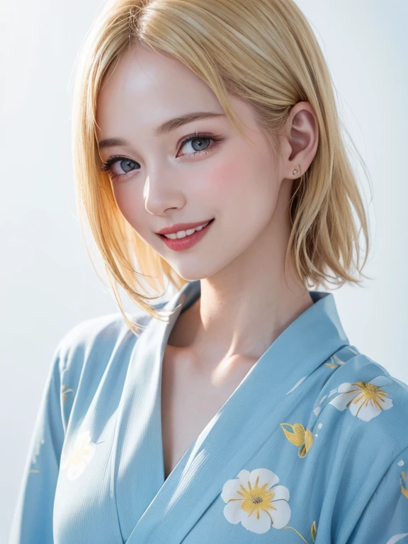 (highest quality、8k、32k、masterpiece)、(RAW Photos)、(Realistic)、(High resolution)、Very detailedな、Very beautiful face and eyes、One Girl、Round and small face、Delicate body、(close、highest quality、Rich skin detail、highest quality、8k)、Very detailed、(Realistic、Realistic:1.37)、Vibrant colors、(((Laughter)))、(((Blonde)))、(((Touch your chest with your right hand)))、(((smile)))、(((Bust Shot)))、(((White Background)))、((Medium Hair))、(((White wall background)))、(((blonde)))、(((She is wearing a yukata with a pop design..)))、(((Yellow and light blue yukata)))、(((White wall background)))、