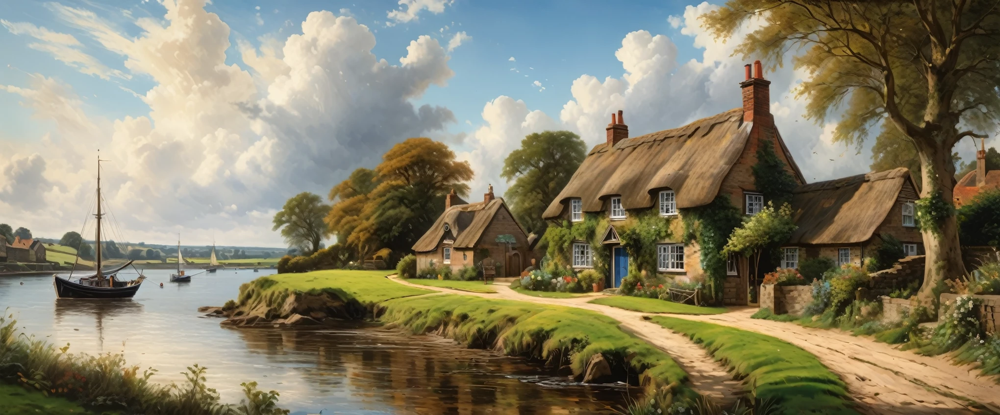 a beautiful detailed countryside landscape, rolling green hills, a quaint old english fishing village, thatched roof cottages, cobblestone streets, fishing boat mored in the harbour, a majestic Clock tower,fluffy clouds in a blue sky, warm golden sunlight, intricate foliage details, charming rustic atmosphere, (best quality,8k,hyperrealistic,masterpiece:1.2),incredibly detailed,ultra-detailed,photorealistic,cinematic lighting,dramatic shadows,vibrant colors,oil painting,by John Constable,extremely aesthetic compositio