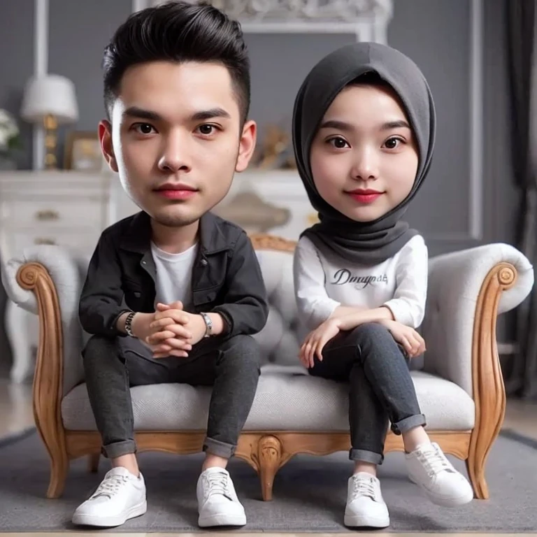 there are two people sitting on a couch with a white chair,