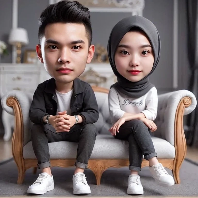 there are two people sitting on a couch with a white chair, 