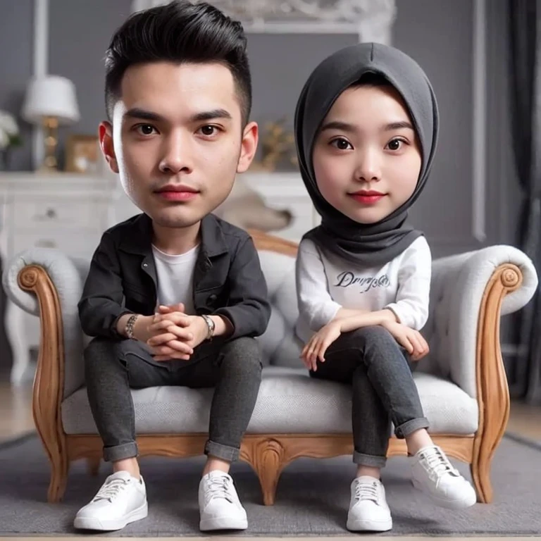 there are two people sitting on a couch with a white chair,