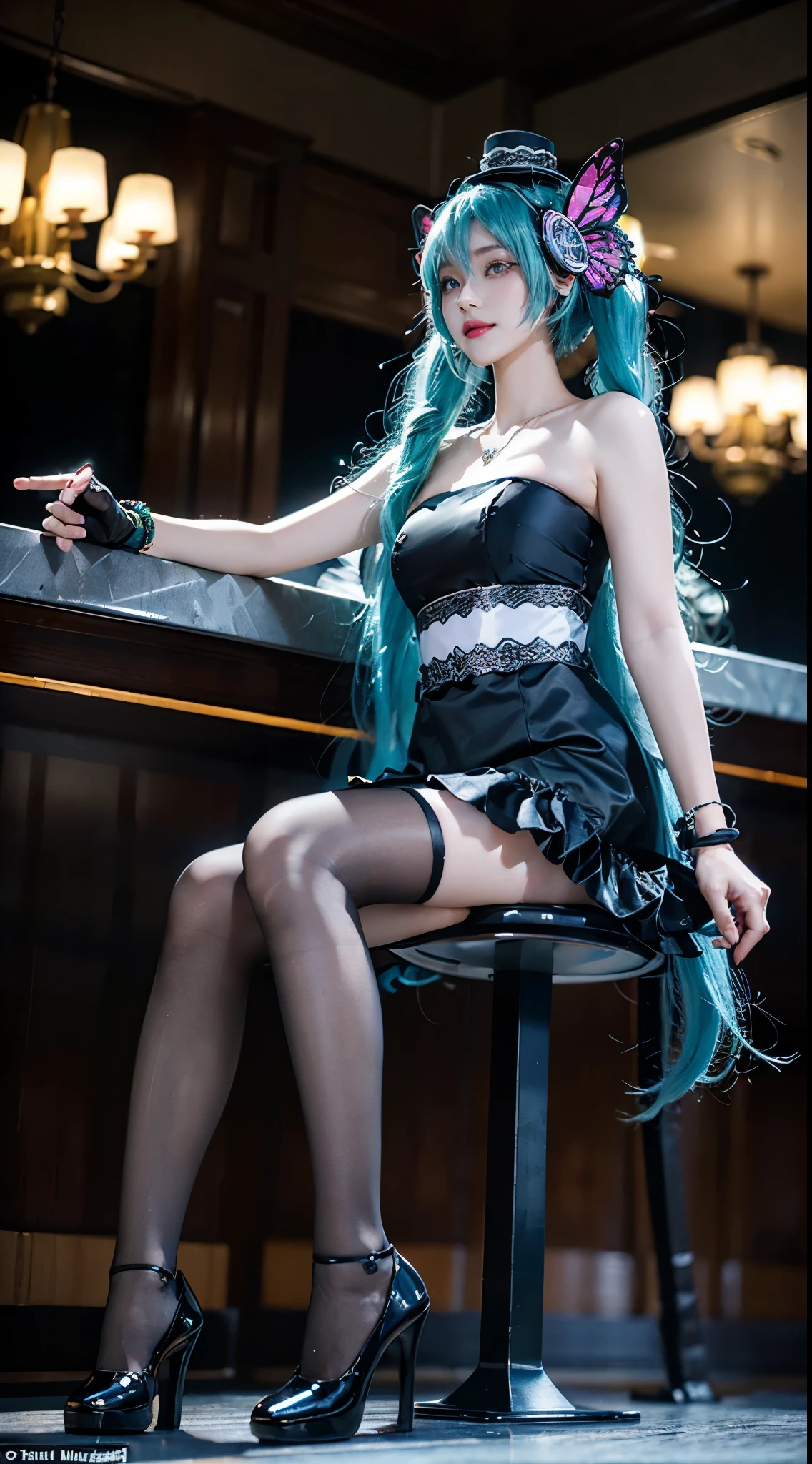 hatsune miku cosplay costume, hatsune miku, cosplay, twintails, aqua hair, very long hair, strapless dress, dress, fingerless gloves, mini hat, butterfly hair ornament, hair ornament, headphones, butterfly headphones, thighhighs, high heels, ((whole body)), ((from below)), ((Sitting)), ((sitting on a bar stool)), Clear face, Pretty Face, 8K, masterpiece, original photo, best quality, detail:1.2,lifelike, detail, Very detailed, CG, Unite, wallpaper, Depth of Field, Movie Lighting, lens flare, Ray tracing, (extremely beautiful face, Beautiful lips, beautiful eyes), Wheels within wheels, detail的脸, (Bare shoulders), ((ultra detailed skin)), 1 girl, in the darkness, Deep Shadows, Beautiful korean girl, Korean Idol,(Very slim figure:1.3), Full breasts, Large Breasts, Slender sexy legs, Very beautiful legs, Elegant Posture, (A big smile), (City night, (Neon), (night), Beautiful korean girl, White Diamond Earrings, diameter bracelet, Deya Necklace, Clear eyes, (big eyes)