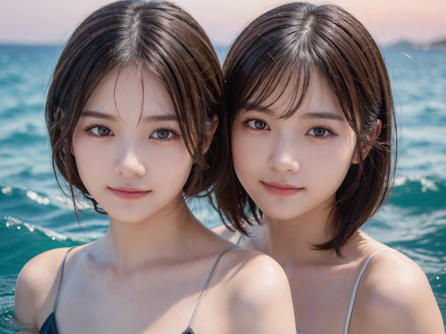 masterpiece:1.3), (8K, Realistic, RAW Photos, Best image quality: 1.4), Japanese women、(Random Hairstyles:1.2)、Highly detailed face、Attention to detail、double eyelid、Beautiful woman:1.4、Light brown hair、Highest quality、masterpiece、Ultra-high resolution、(Realistic:1.4)、Detailed and professionally lit smiles、Loose、thin、Shorthair、Deadly position、During meals、Full body image、Ocean、