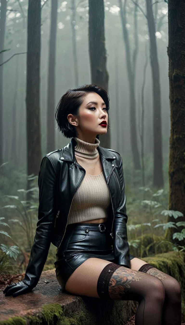 8k, ultra-detailed, grainy film photo, masterpiece,muted colors, muffled light, dusk, rainy, moody, noir, woman in forest, elegant sitting, elegant pose, vulnerability, short stockings with garters, light turtleneck sweater, pencil skirt, faded detailed biker leather jacket, beautiful brunette hair, depraved, asian, tattoo, makeup, beige, brown, red, gloves