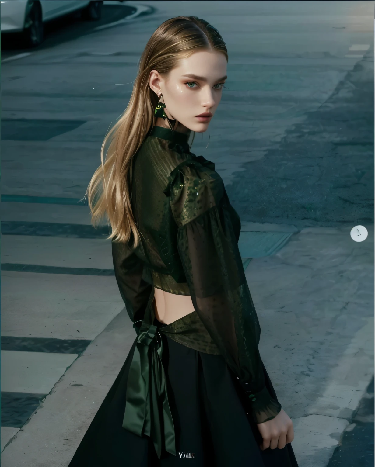 a close up of a woman in a green top and black skirt, official jil sander editorial, official valentino editorial, official dior editorial, official vuitton editorial, official prada editorial, official vogue editorial, by Emma Andijewska, by Silvia Pelissero, official versace editorial, vogue editorial, by Adam Saks, vogue magazine editorial