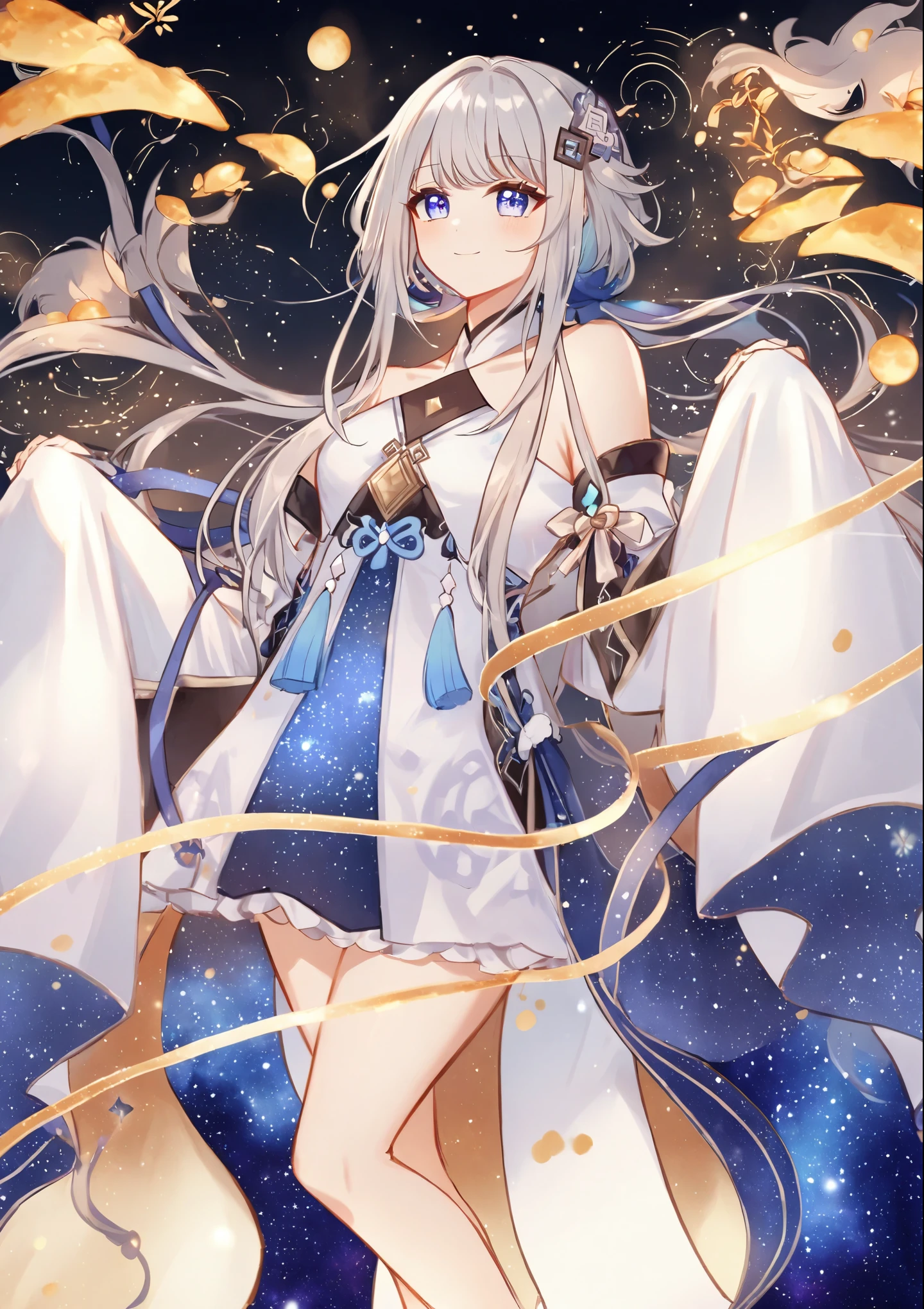 1girl,guizhong_\(genshin impact\),anime girl with long white hair and white and blue dress, long sleeves fully covering hands, white haired deity, beautiful celestial mage, anime goddess, cute anime waifu in a nice dress, lunar themed attire, celestial goddess, anime girl with cosmic hair, astral witch clothes,goddess of galaxies,smile