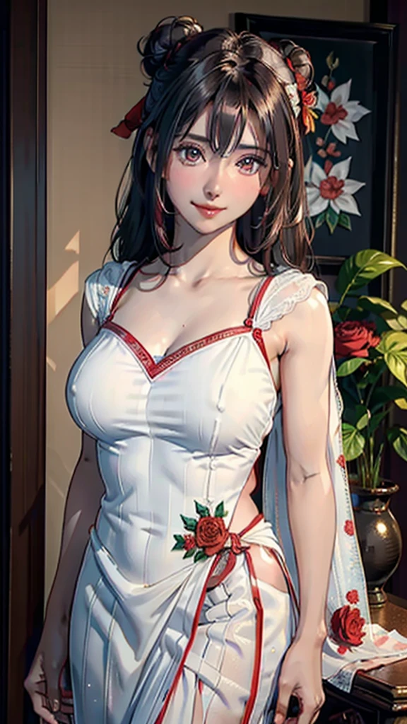 (best quality,8k,highres,masterpiece:1.2),ultra-detailed,realistic,indian woman,30 years old,full body image,glowing skin,bun hair style,looking at viewer,beautiful detailed face,Shy smile,white silk saree with red rose embroidery,detailed clothing style,day time