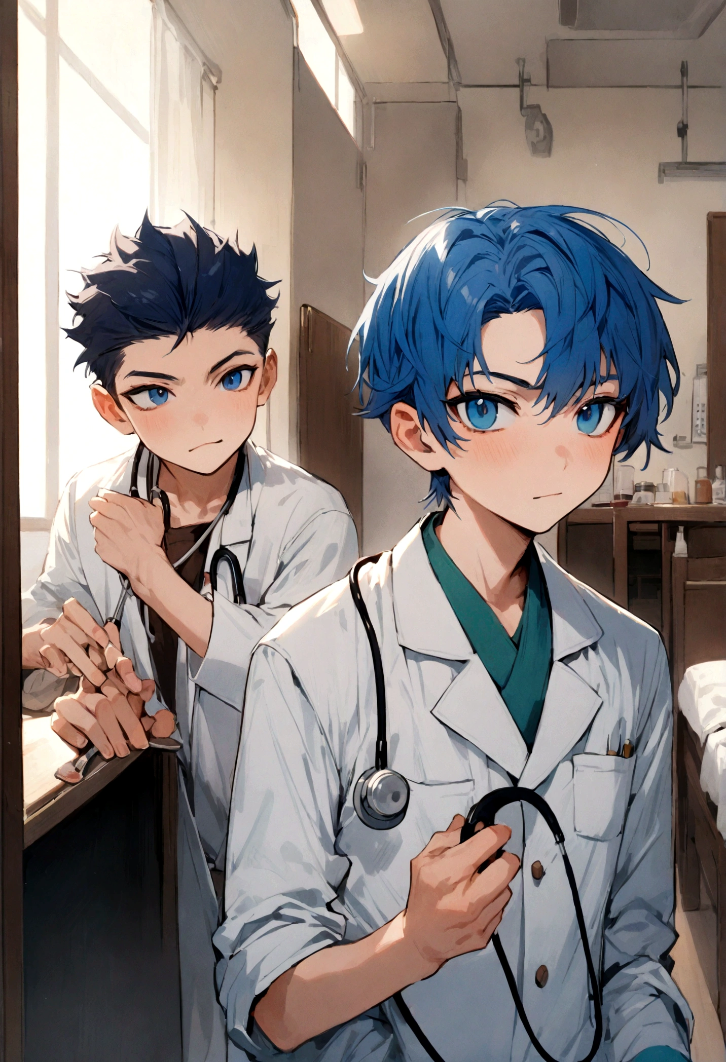 short blue hair male, dark blue eyes, doctor's outfit, stethoscope, oriental medicine hospital, cool