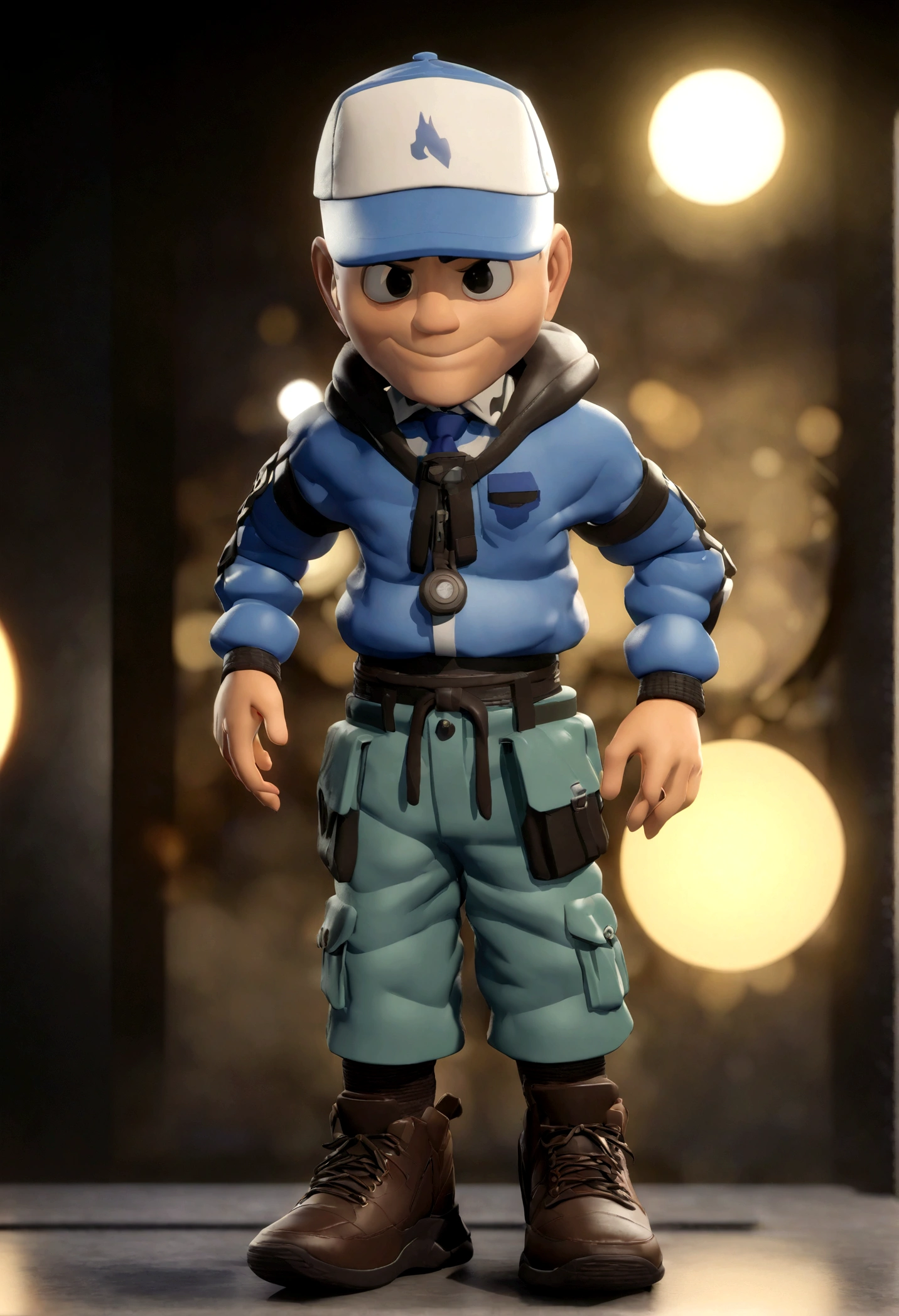 23-year-old man in white cap, animation character, Caractere estilizado, animation style rendering, 3D estilizado, Arnold Maya render, 3 d render stylized, toon render keyshot, Personagem 3D, Personagem 3D, 3d rendering stylized, 3 d character render, personagem de desenho animado, Personagem de close up, Pose de personagem,  (Estilo Pixar) (master part:1.2) (Bokeh) (best quality) (pele detalhada) (textura detalhada) (8k) (argila) (Cinematic lighting) (sharp focus wearing a cargo pent and sports shoes in studio