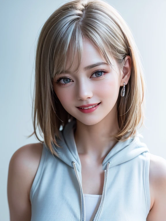 (highest quality、8k、32k、masterpiece)、(RAW Photos)、(Realistic)、(High resolution)、Very detailedな、Very beautiful face and eyes、One Girl、Round and small face、Delicate body、(close、highest quality、Rich skin detail、highest quality、8k)、Very detailed、(Realistic、Realistic:1.37)、Vibrant colors、(((Laughter)))、(((Silver Hair)))、(((Touch your chest with your right hand)))、(((smile)))、(((Bust Shot)))、(((White Background)))、((Medium Hair))、(((White wall background)))、(((blonde)))、(((She is wearing a sleeveless hoodie with a pop design..)))、(((Brown and light blue sleeveless hoodie)))、(((White wall background)))、