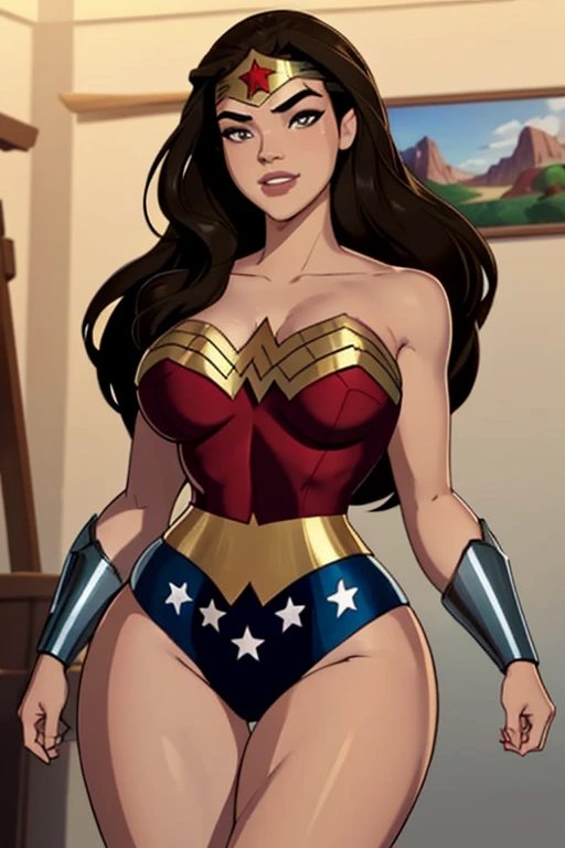 Natural Beauty, Masterpiece, Hailee Steinfeld, Perfectly Accurate Face Proportion, Realistic Light Brown Eyes, Thick Eyebrows, Wonder Woman, Wonder Woman Tiara, Big Breast, Curve Wide Hips, Toned Thighs, Toned Arms, Grin On Her Face, Defensive Pose Highlighting Curves: Wonder Woman stands firmly with her shield in front. The tight suit outlines the curves of her back and the powerful shape of her legs. Her stance, with one hand ready to draw her lasso, further accentuates the snug fit, emphasizing her hourglass figure.