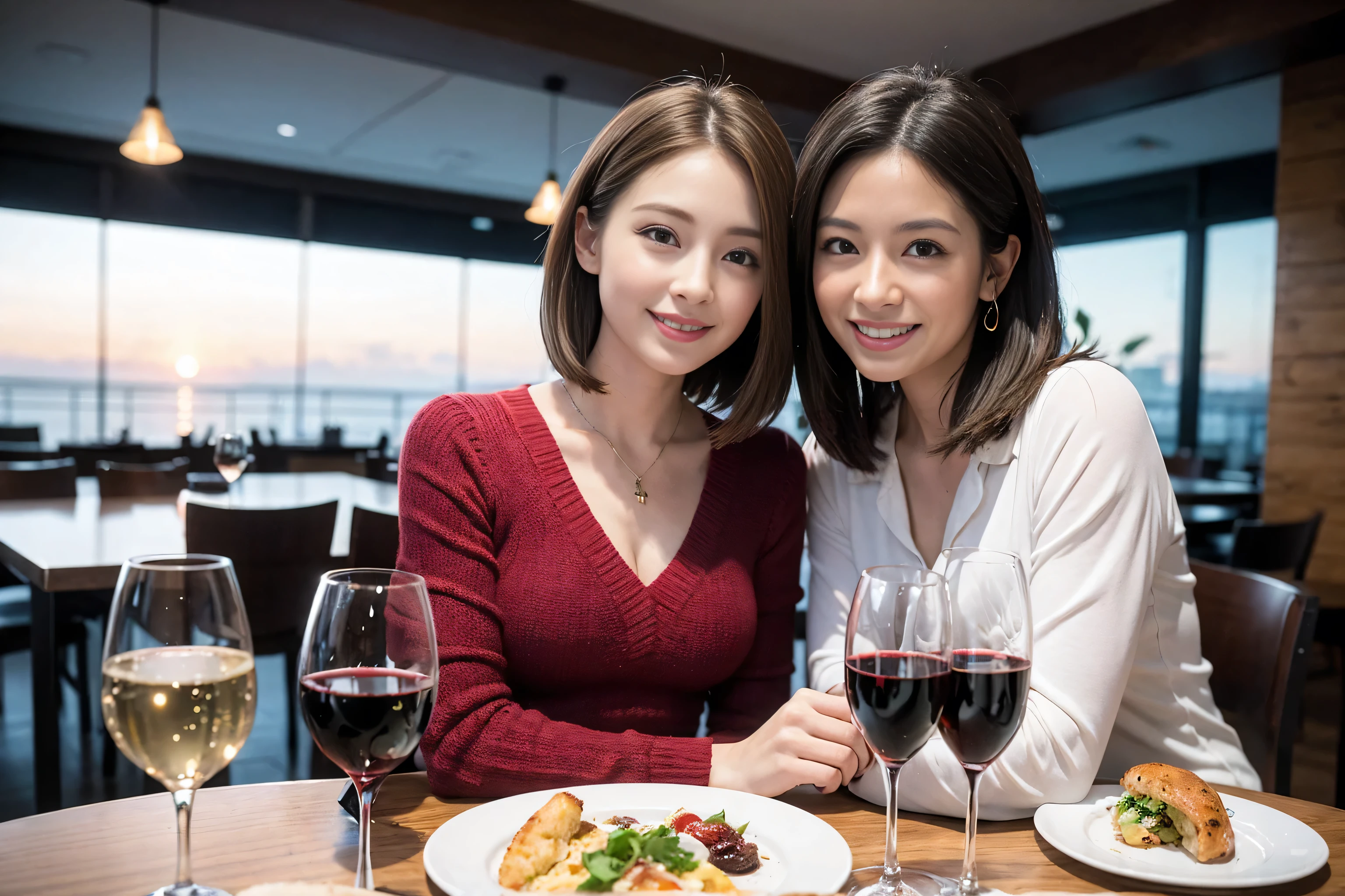 ((highest quality、8k、masterpiece:1.3))、1 male 1 female、A lover who resembles Satomi Ishihara、Beautiful couple、smile、full-course dinner、 (Slim face), (the body is スリム), (Brown Hair), (Short Hair), Wine glass on the table、Amazing view of the sunset sky and clouds、 (Age 37), 39 years old, red wine 、Appetizers、Italian food、Wine bottle、Champagne、sparkling wine、Long sleeve shirt、dress、White wine, red wine, wine glass,