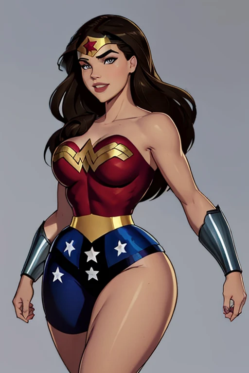 Natural Beauty, Masterpiece, Hailee Steinfeld, Perfectly Accurate Face Proportion, Realistic Light Brown Eyes, Thick Eyebrows, Wonder Woman, Wonder Woman Tiara, Big Breast, Curve Wide Hips, Toned Thighs, Toned Arms, Grin On Her Face, Defensive Pose Highlighting Curves: Wonder Woman stands firmly with her shield in front. The tight suit outlines the curves of her back and the powerful shape of her legs. Her stance, with one hand ready to draw her lasso, further accentuates the snug fit, emphasizing her hourglass figure.