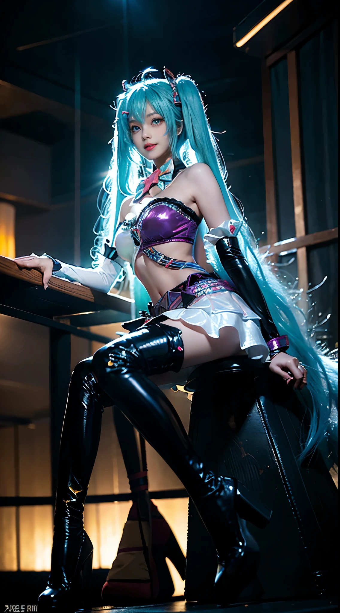 hatsune miku cosplay costume, hatsune miku, cosplay, twintails, aqua hair, long hair, alternate costume, hairclip, hair ornament, tattoo, bra, bowtie, detached collar, detached sleeves, skirt, belt, bag, thigh boots, boots, high heels, ((whole body)), ((from below)), ((Sitting)), ((sitting on a bar stool)), Clear face, Pretty Face, 8K, masterpiece, original photo, best quality, detail:1.2,lifelike, detail, Very detailed, CG, Unite, wallpaper, Depth of Field, Movie Lighting, lens flare, Ray tracing, (extremely beautiful face, Beautiful lips, beautiful eyes), Wheels within wheels, detail的脸, (Bare shoulders), ((ultra detailed skin)), 1 girl, in the darkness, Deep Shadows, Beautiful korean girl, Korean Idol,(Very slim figure:1.3), Full breasts, Large Breasts, Slender sexy legs, Very beautiful legs, Elegant Posture, (A big smile), (City night, (Neon), (night), Beautiful korean girl, White Diamond Earrings, diameter bracelet, Deya Necklace, Clear eyes, (big eyes)