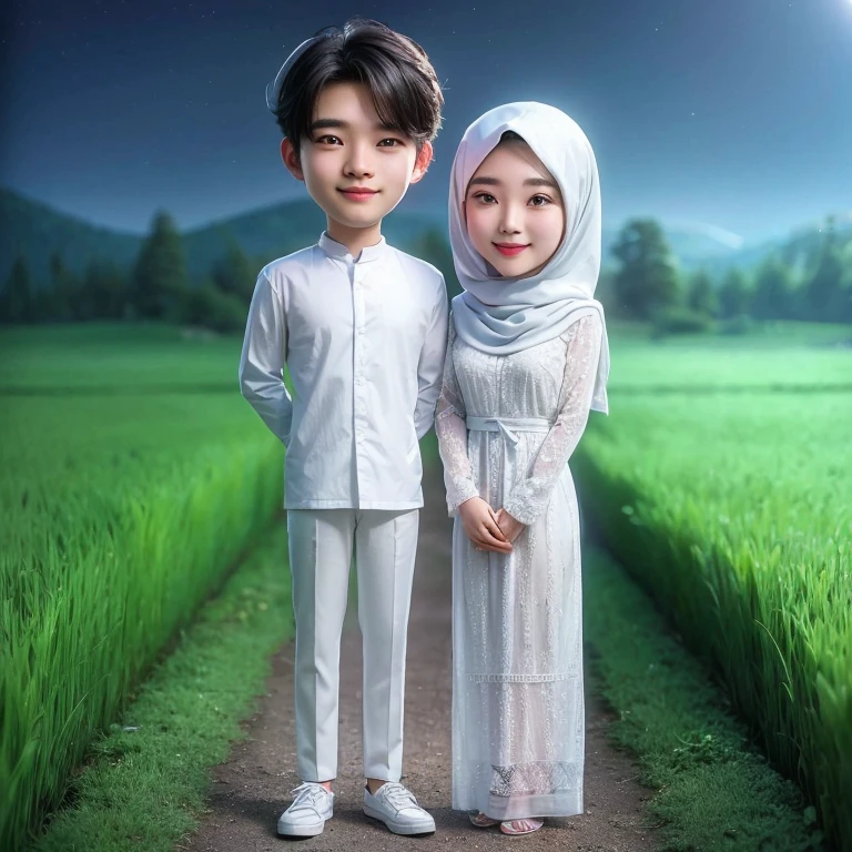 cartoon couple in white clothes standing in a field at night, lovely couple, happy couple,