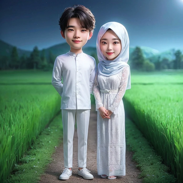 cartoon couple in white clothes standing in a field at night, lovely couple, happy couple,