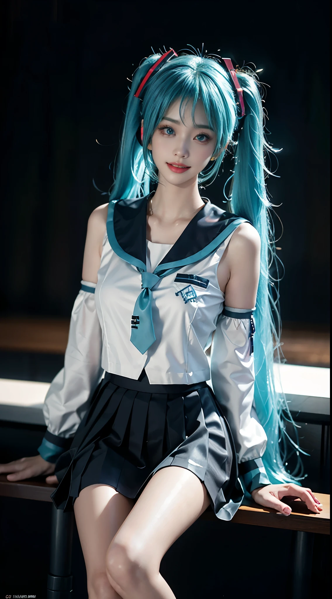 hatsune miku, cosplay, aqua hair, twintails, hair ornament, very long hair, headphones, alternate costume, , sailor collar, serafuku, shirt, long sleeves, necktie, skirt, pleated skirt, ((whole body)), ((from below)), ((Sitting)), ((sitting on a bar stool)), Clear face, Pretty Face, 8K, masterpiece, original photo, best quality, detail:1.2,lifelike, detail, Very detailed, CG, Unite, wallpaper, Depth of Field, Movie Lighting, lens flare, Ray tracing, (extremely beautiful face, Beautiful lips, beautiful eyes), Wheels within wheels, detail的脸, (Bare shoulders), ((ultra detailed skin)), 1 girl, in the darkness, Deep Shadows, Beautiful korean girl, Korean Idol,(Very slim figure:1.3), Full breasts, Large Breasts, Slender sexy legs, Very beautiful legs, Elegant Posture, (A big smile), (City night, (Neon), (night), Beautiful korean girl, White Diamond Earrings, diameter bracelet, Deya Necklace, Clear eyes, (big eyes)