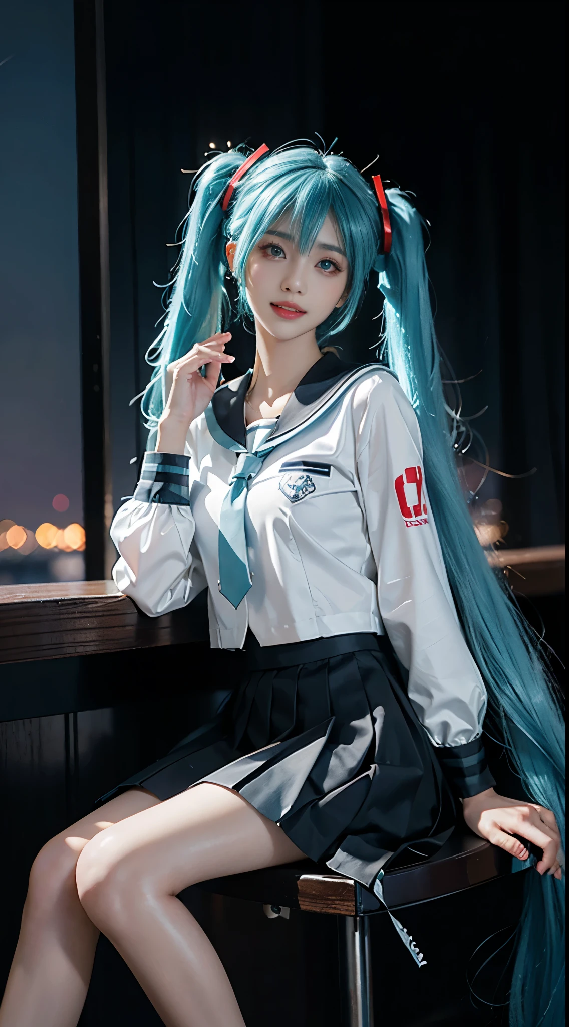 hatsune miku, cosplay, aqua hair, twintails, hair ornament, very long hair, headphones, alternate costume, , sailor collar, serafuku, shirt, long sleeves, necktie, skirt, pleated skirt, ((whole body)), ((from below)), ((Sitting)), ((sitting on a bar stool)), Clear face, Pretty Face, 8K, masterpiece, original photo, best quality, detail:1.2,lifelike, detail, Very detailed, CG, Unite, wallpaper, Depth of Field, Movie Lighting, lens flare, Ray tracing, (extremely beautiful face, Beautiful lips, beautiful eyes), Wheels within wheels, detail的脸, (Bare shoulders), ((ultra detailed skin)), 1 girl, in the darkness, Deep Shadows, Beautiful korean girl, Korean Idol,(Very slim figure:1.3), Full breasts, Large Breasts, Slender sexy legs, Very beautiful legs, Elegant Posture, (A big smile), (City night, (Neon), (night), Beautiful korean girl, White Diamond Earrings, diameter bracelet, Deya Necklace, Clear eyes, (big eyes)