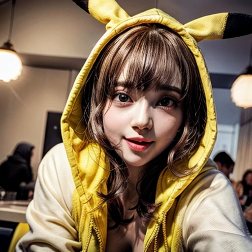 (Girl in ((Yellow)) Pikachu hood), (naked hoodie, hood loosely open) . masterpiece 8K best quality, (RAW PhotoRealistic HyperRealism:1.37) Ultra-detailed, (Acutance:0.85), VolumetricLighting, Studio gray background with (Blurred colorful Lights dazzling bokeH:1.28), { Overflowing Gigantic Cleavage;1.2) | (Golden ray illuminating face) | (Photon Particles:0.95) } . BREAK . (((Extremely detailed KAWAII face))), perfect anatomy, Childish, CaptivatingGaze, Elaborate detailed Eyes with (Sparkling Highlights:1.28), Beautifull Pupils, (Voluminous Long Eyelashes:0.88)、Glossy Lips, Rosy Cheeks, (Flawless FineSkin, Radiant PearlSkin with Transparency), Shiny SilkyHair . { (joyful expressions:1.28) | (:d) }, (Large eyes:-1) . leaning forward