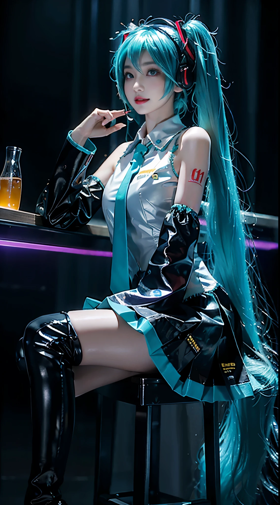 hatsune miku cosplay costume, hatsune miku, cosplay, aqua hair, twintails, very long hair, hair ornament, headphones, headset, shirt, skirt, pleated skirt, necktie, aqua necktie, detached sleeves, tattoo, thigh boots, ((whole body)), ((from below)), ((Sitting)), ((sitting on a bar stool)), Clear face, Pretty Face, 8K, masterpiece, original photo, best quality, detail:1.2,lifelike, detail, Very detailed, CG, Unite, wallpaper, Depth of Field, Movie Lighting, lens flare, Ray tracing, (extremely beautiful face, Beautiful lips, beautiful eyes), Wheels within wheels, detail的脸, (Bare shoulders), ((ultra detailed skin)), 1 girl, in the darkness, Deep Shadows, Beautiful korean girl, Korean Idol,(Very slim figure:1.3), Full breasts, Large Breasts, Slender sexy legs, Very beautiful legs, Elegant Posture, (A big smile), (City night, (Neon), (night), Beautiful korean girl, White Diamond Earrings, diameter bracelet, Deya Necklace, Clear eyes, (big eyes)