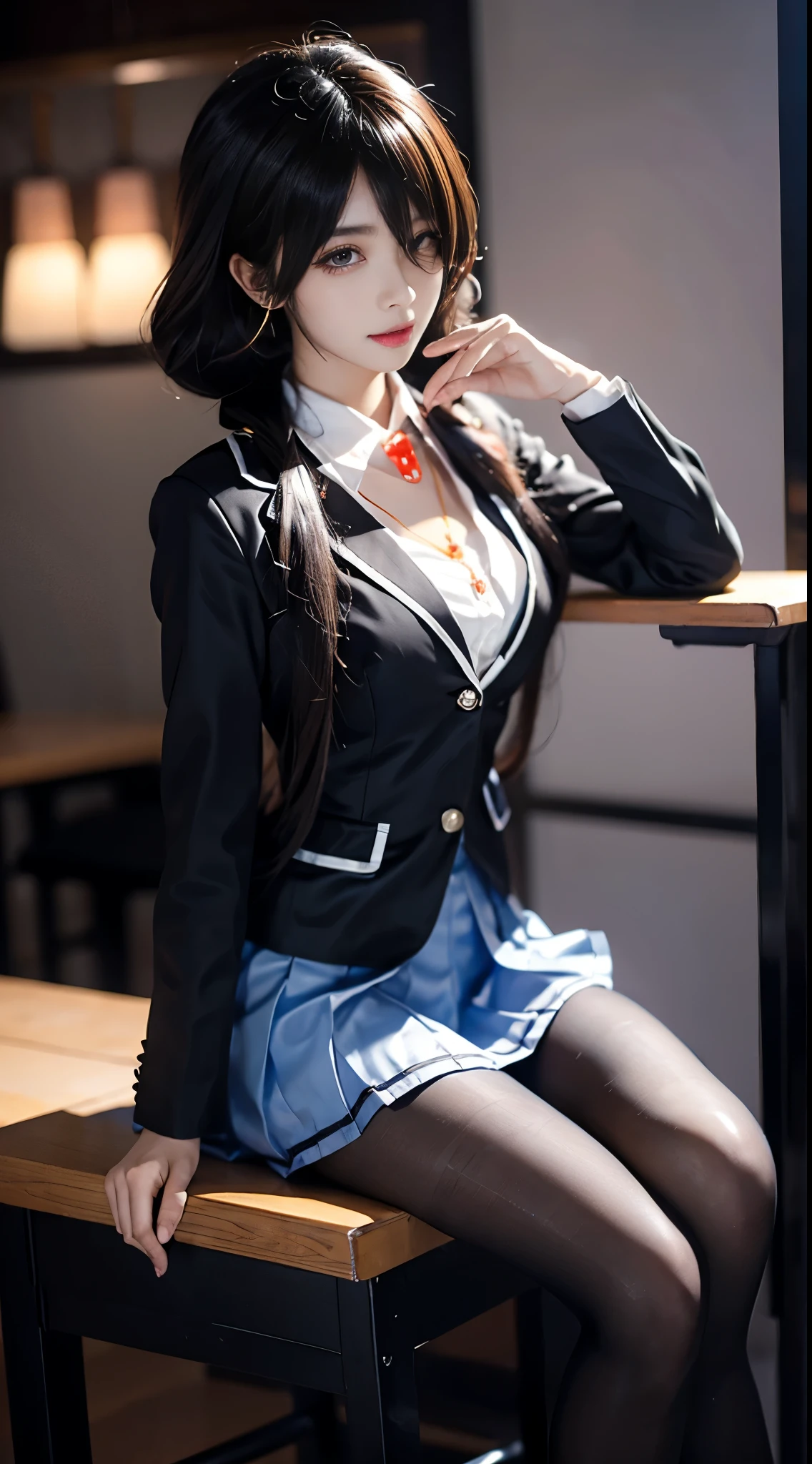 tokisaki kurumi
sobu high 
cosplay,
, blazer, collared shirt, neck ribbon, pleated skirt, pantyhose, hair rings, loafers,
hair over one eye, low twintails,, ((whole body)), ((from below)), ((Sitting)), ((sitting on a bar stool)), Clear face, Pretty Face, 8K, masterpiece, original photo, best quality, detail:1.2,lifelike, detail, Very detailed, CG, Unite, wallpaper, Depth of Field, Movie Lighting, lens flare, Ray tracing, (extremely beautiful face, Beautiful lips, beautiful eyes), Wheels within wheels, detail的脸, (Bare shoulders), ((ultra detailed skin)), 1 girl, in the darkness, Deep Shadows, Beautiful korean girl, Korean Idol,(Very slim figure:1.3), Full breasts, Large Breasts, Slender sexy legs, Very beautiful legs, Elegant Posture, (A big smile), (City night, (Neon), (night), Beautiful korean girl, White Diamond Earrings, diameter bracelet, Deya Necklace, Clear eyes, (big eyes)