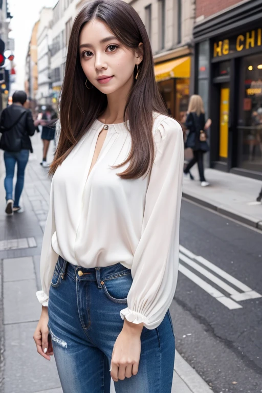 Woman Standing In The Street, Straight hair down to the waist, 28 years old, Large eyes and distinct facial features, Blouse and jeans