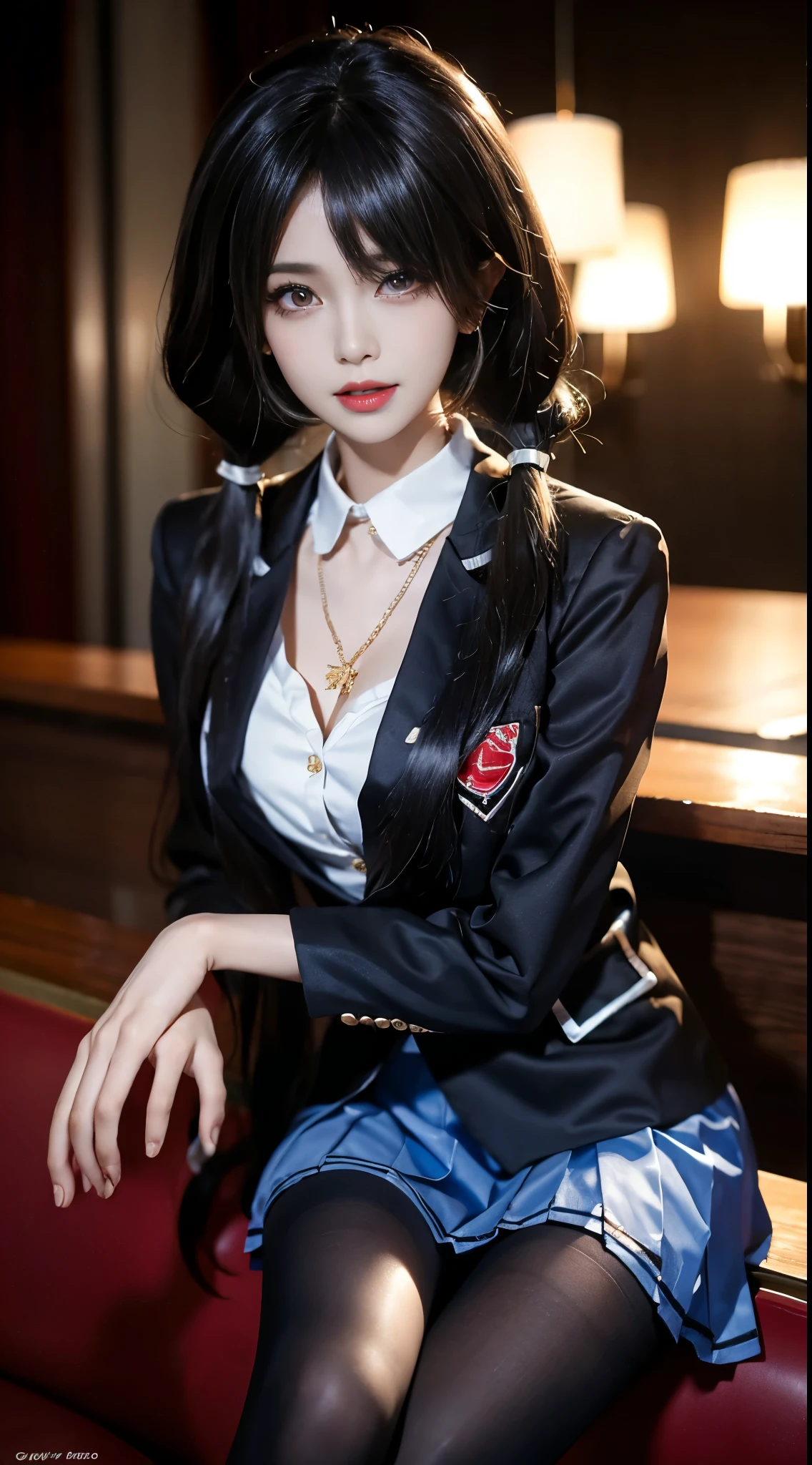 tokisaki kurumi
sobu high 
cosplay,
, blazer, collared shirt, neck ribbon, pleated skirt, pantyhose, hair rings, loafers,
hair over one eye, low twintails,, ((whole body)), ((from below)), ((Sitting)), ((sitting on a bar stool)), Clear face, Pretty Face, 8K, masterpiece, original photo, best quality, detail:1.2,lifelike, detail, Very detailed, CG, Unite, wallpaper, Depth of Field, Movie Lighting, lens flare, Ray tracing, (extremely beautiful face, Beautiful lips, beautiful eyes), Wheels within wheels, detail的脸, (Bare shoulders), ((ultra detailed skin)), 1 girl, in the darkness, Deep Shadows, Beautiful korean girl, Korean Idol,(Very slim figure:1.3), Full breasts, Large Breasts, Slender sexy legs, Very beautiful legs, Elegant Posture, (A big smile), (City night, (Neon), (night), Beautiful korean girl, White Diamond Earrings, diameter bracelet, Deya Necklace, Clear eyes, (big eyes)