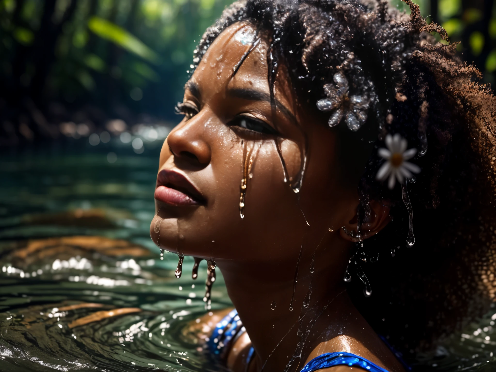 portrait close-up of a face of a brazilian woman, 38 years old. sunburnt ebony skin, (Wet and dripping hair, curly hair), wavy at the height of the back, jade eyes, fluffy turned, ((big cheeks)), bathing in the natural, in a deep river and transparent waters, [[only upper head and eyes out of the water]], between reeds, (backlit), realistic, masterpiece, high quality, brightness, shadow, flower, [[chromatic aberration]], by Jeremy Lipking, by Antonio J. Manzanedo, digital painting, Brazilian, 8k uhd, forest, river, wood, smoke, shadows, contrast, clear sky, looking_at_viewer, (warm hue, warm tone), high details, natural skin pores