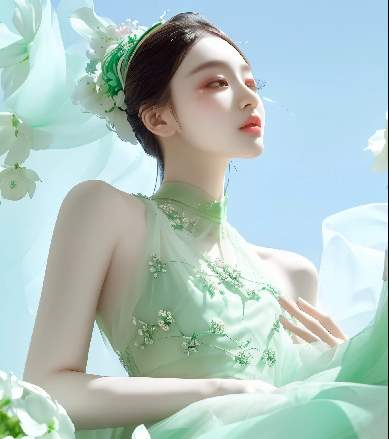 There is a girl wearing a green dress、Lady with flowers on her head, jingna zhang, Ethereal Beauty, Inspired by Gao Qipei, Light green, Beautiful Chinese model, Light green beauty, zhang daqian, xue han, inspired by Yanjun Cheng, yanjun chengt, By Fei Danxu, Elegant Japanese woman